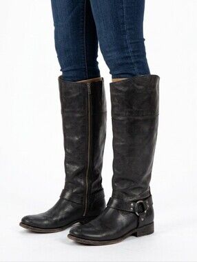 FRYE Black Leather Melissa Harness Tall Riding Boots - Size 8.5B